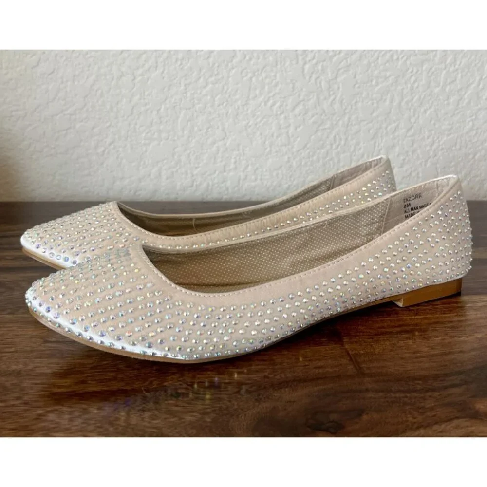 Madden Girl Tazorr Champagne Flat Rhinestone Round Toe 8 Womens NEW
